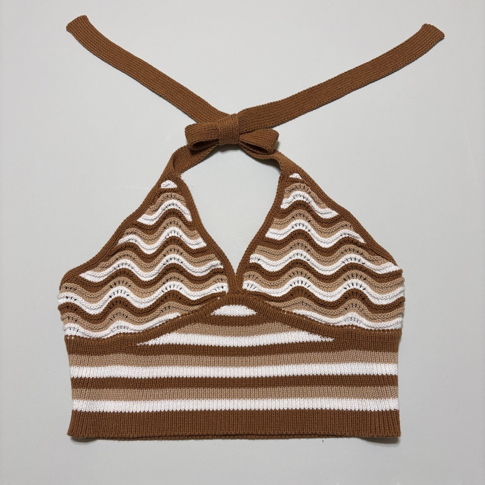 No Boundaries Chevron Striped Crochet Halter Crop Top Size M Brown Boho Festival